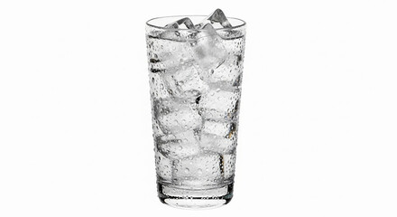 A clear glass filled with water and ice cubes sitting on a white surface in a studio setting