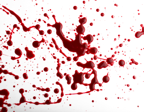 Red blood or paint flowing down on transparent background. Halloween, murder and horror concept. Red ink splash, splatter and stain.