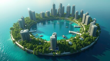 Aerial view of a daytime city skyline, floating city shaped in a perfect circular ring surrounded by lush green forest edges. 3d Illustration