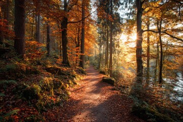 Fototapeta premium Sunlit forest path surrounded by vibrant autumn leaves.