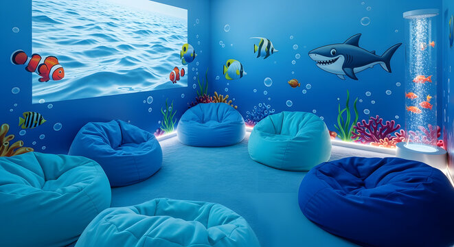 Sensory room with ocean theme, beanbag chairs, and bubble columns