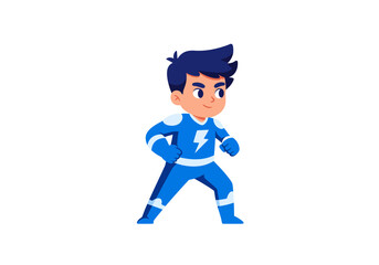 Fototapeta premium Cartoon Boy Dressed as a Blue Superhero with Lightning Bolt