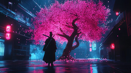 Fototapeta premium Cyber samurai standing under a neon-lit cherry blossom tree