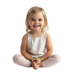 Happy toddler girl sitting cross legged smiling sweetly, isolated on a transparent background