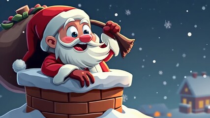 funny santa claus stuck in chimney with bag of gifts, snowflakes falling around him. christmas and new year cartoon animation with copy space. winter holidays spirit, comic concept. - Powered by Adobe