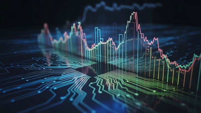 Glowing digital financial graph on circuit board technology