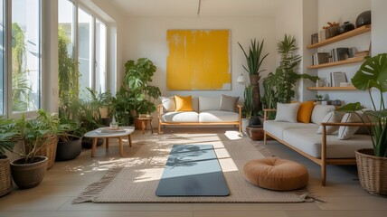 Obraz premium Bright Living Room with Yoga Mat and Numerous Green Plants Keywords: living room, bright, natural