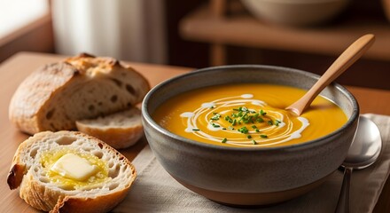 A cozy and warm bowl of creamy butternut squash soup with a swirl of cream and chives, served with buttered artisan bread.