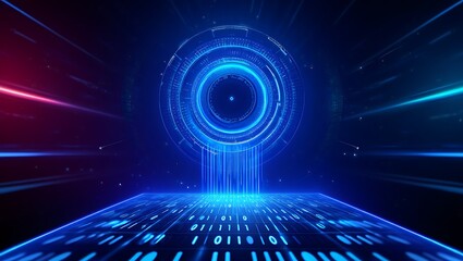 Vibrant Digital Data Stream and Binary Code Flow: A Futuristic Blue and Red Abstract Background with a Central Glowing Portal and Light Streaks