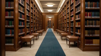 Luxurious and Ornate Traditional Library Interior with Rows of Bookshelves Antique Wooden Furniture and Cozy Lounge Areas  Showcasing a Refined and Scholarly Ambiance