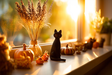 窓辺に飾られたハロウィン雑貨と猫のオブジェのシルエット.Generative AI