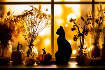 窓辺に飾られたハロウィン雑貨と猫のオブジェのシルエット.Generative AI