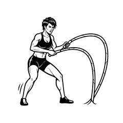 Fototapeta premium Power Workout Illustration: A strong woman, diligently engaged in a dynamic rope exercise, showcases both the challenge and rewards of an intensive workout.