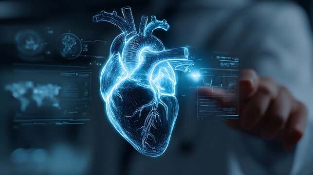 A digital rendering of a human heart displayed in a futuristic setting, with a hand interacting with data screens.