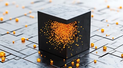 A black cube revealing golden spheres against a tiled surface
