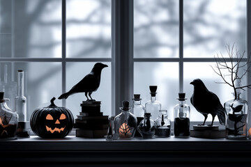 モノクロイメージ・窓辺のハロウィンシルエット.Generative AI