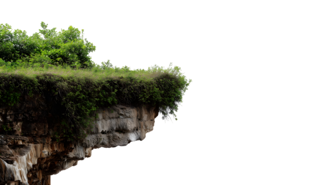 Cliffside with green grass and foliage  isolated on white background