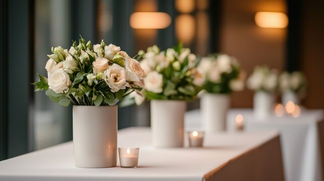 Chic and Elegant Event Space Dressed for a High Profile Gala with Stylish Floral Decor and Luxurious Ambiance  The image showcases a beautifully decorated table setting with elegant flowers candles