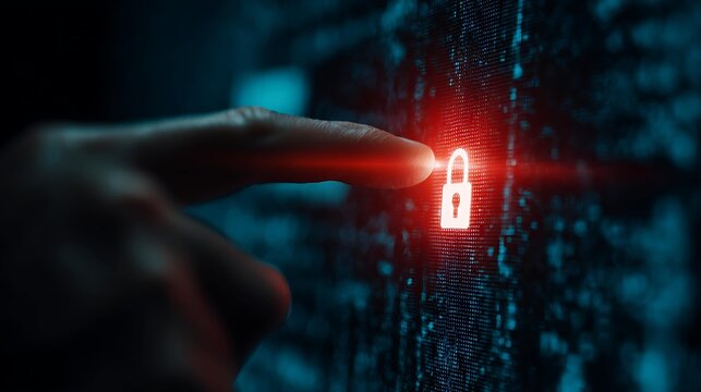 A person's finger touches a glowing red lock icon on a digital interface representing cybersecurity and protection.
