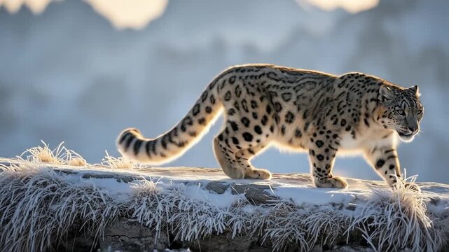 wild snow leopard walking in winter mountains