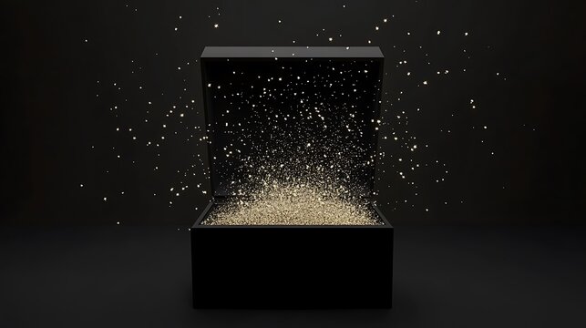 An open black box revealing sparkling golden particles and dust