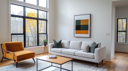 Fototapeta premium Elegantly Furnished and Pet Friendly Home with Cozy Living Spaces and Stylish Decor A modern and inviting interior design showcasing tasteful furnishings natural light