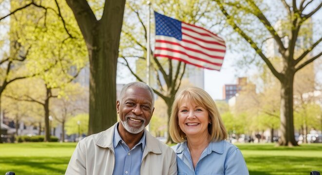 Smiling Couple Poses Affectionately in Park with American Flag Backdrop Sharing a Moment of Joy and Patriotism on Bench
