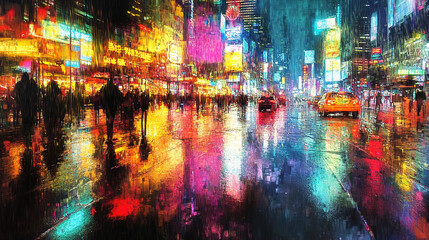 Fototapeta premium Cyberpunk city skyline reflected in a rain-soaked neon street