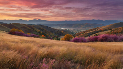 Fototapeta premium Vivid autumn landscape with rolling hills and colorful foliage golden grass