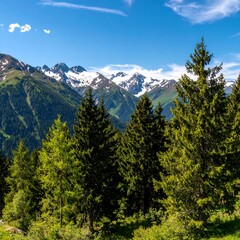 Obraz premium Lush green conifers in the foreground frame a majestic snow-capped mountain range under a vibrant blue sky