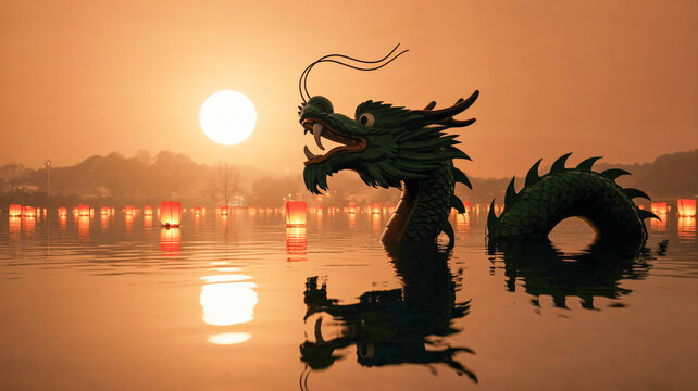 Majestic dragon in sunset-filled water with floating lanterns, Mid-Autumn Festival celebrate