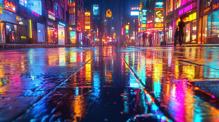 Cyberpunk city skyline reflected in a rain-soaked neon street