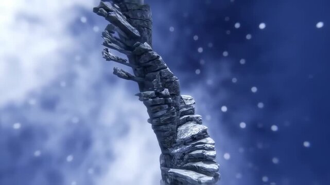 Abstract spiral of fragmented stone, detailed texture against a blurred blue background