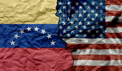 Flags of Venezuela and the United States on a cracked and textured background. Concept of economic...