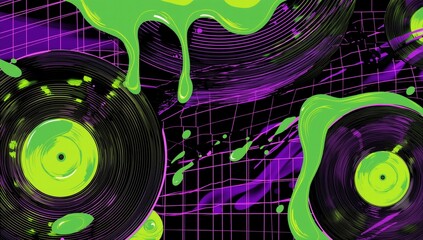 Obraz premium Vibrant neon green liquid dripping over black vinyl records on a purple grid background, creating a dynamic and energetic scene.