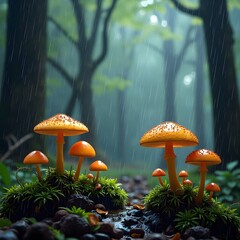 Fototapeta premium Mushrooms growing in a rainy forest scene with green foliage