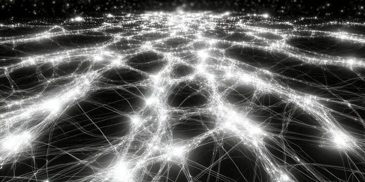 Futuristic glowing neural network in black and white. Digital structure, abstract web, luminous lines. Ideal for modern 90s, 2000s style, tech visuals, web design, headers.