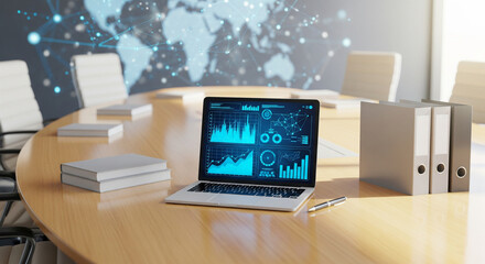 Global Business Strategy and Data Analytics in Modern Conference Room