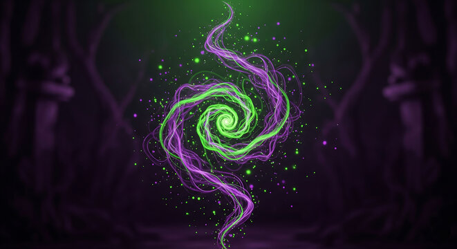 abstract magical smoke swirl with glowing particles, neon green and purple color palette, mystical halloween vibe