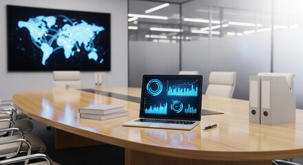 Global Business Strategy: Modern Conference Room with Data Analysis on Laptop and World Map.