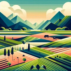 Geometric Green Farmland Abstract Landscape. AI generated illustration