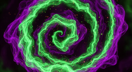 abstract magical smoke swirl with glowing particles, neon green and purple color palette, mystical halloween vibe