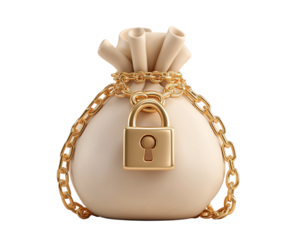 3D icon of money bag with a golden lock and chain isolated on a transparent background