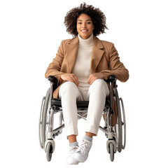 Confident woman in wheelchair smiling stylish outfit, isolated on a transparent background