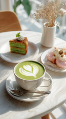Matcha latte with intricate latte art alongside a slice of green cake and pastries on a sunlit table