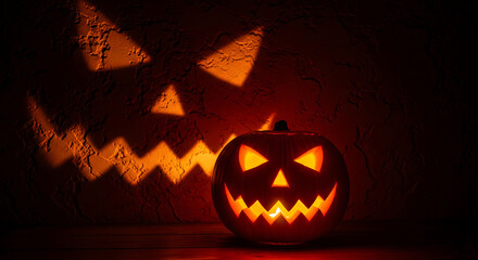 carved pumpkin jack-o-lantern light casting spooky shadows on textured dark wall, warm orange glow, minimal halloween abstract scene