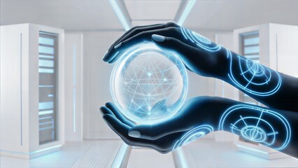 Futuristic hands with a glowing user interface holding a digital globe with network connections in a modern data center, representing global technology and AI.