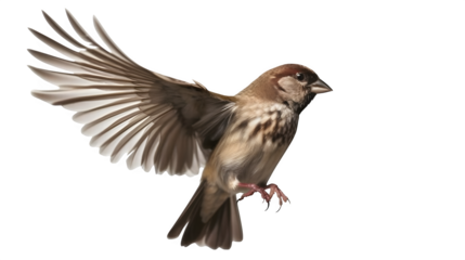 Sparrow takes flight with wings outstretched, captured mid-air, showcasing its delicate feathers and agility in nature's graceful dance with freedom