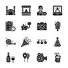 Grab this modern pack of event management glyph style icons