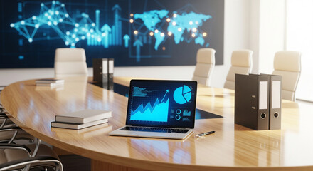 Modern Conference Room with Laptop Displaying Business Data and Global Connectivity